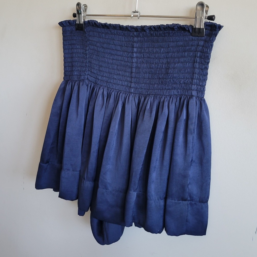 KOCH Erica Skirt Navy Blue Smocked Waist Satin Flared Mini Skirt Small USA Made - Picture 3 of 6